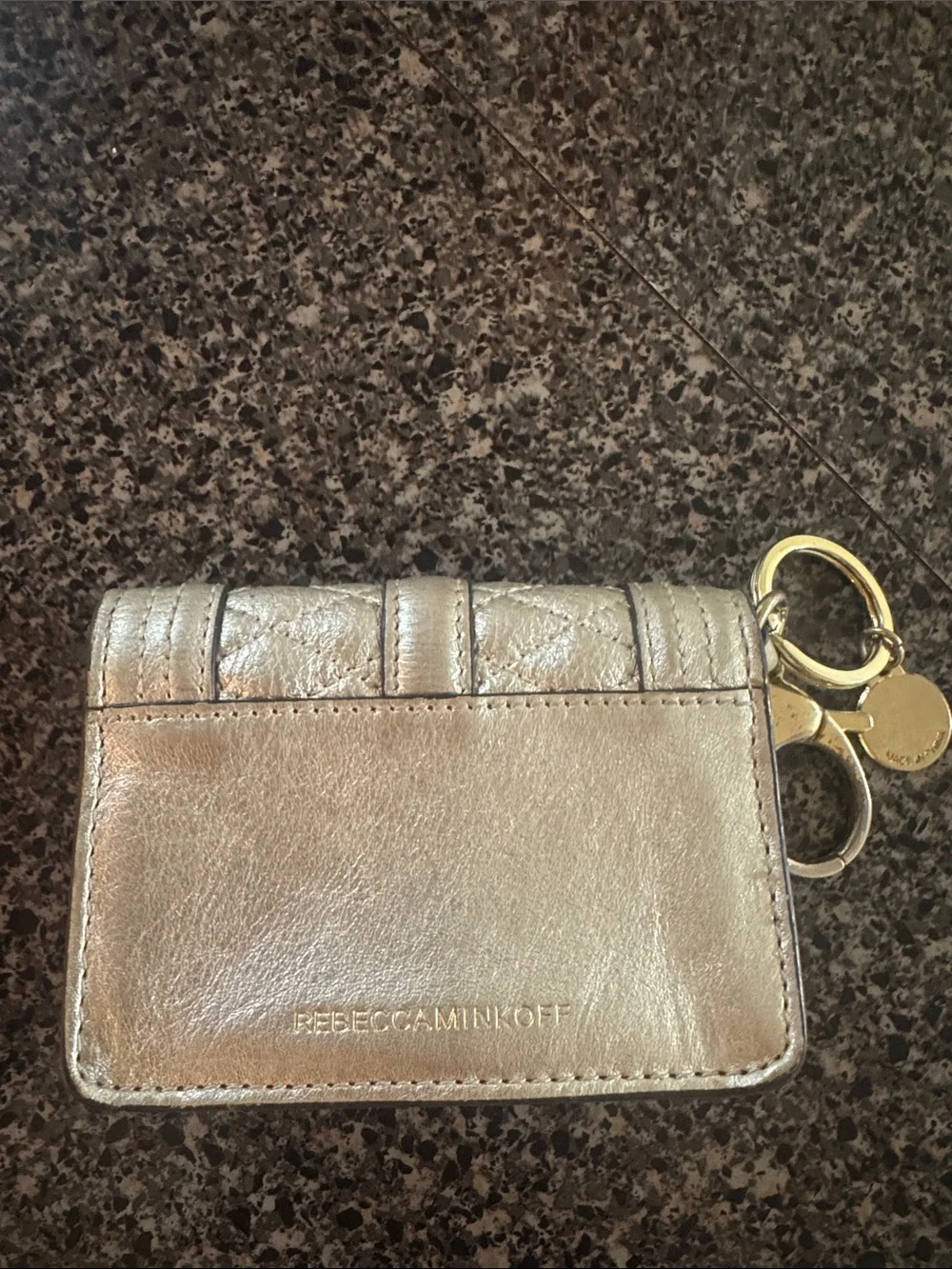 Rebecca Minkoff Metallic Silver Quilted Key & Card Holder with Gold Hardware